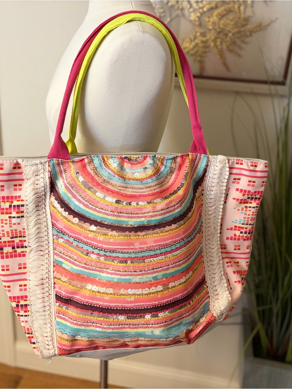 Colorful Stripe Canvas Tote Bag - Pink & Lime